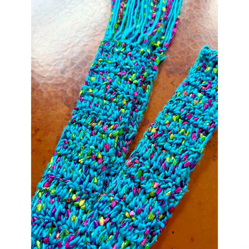 Y2K Handmade Crochet Scarf Turquoise Multicolor Ribbon Yarn Fringe 76in Whimsi